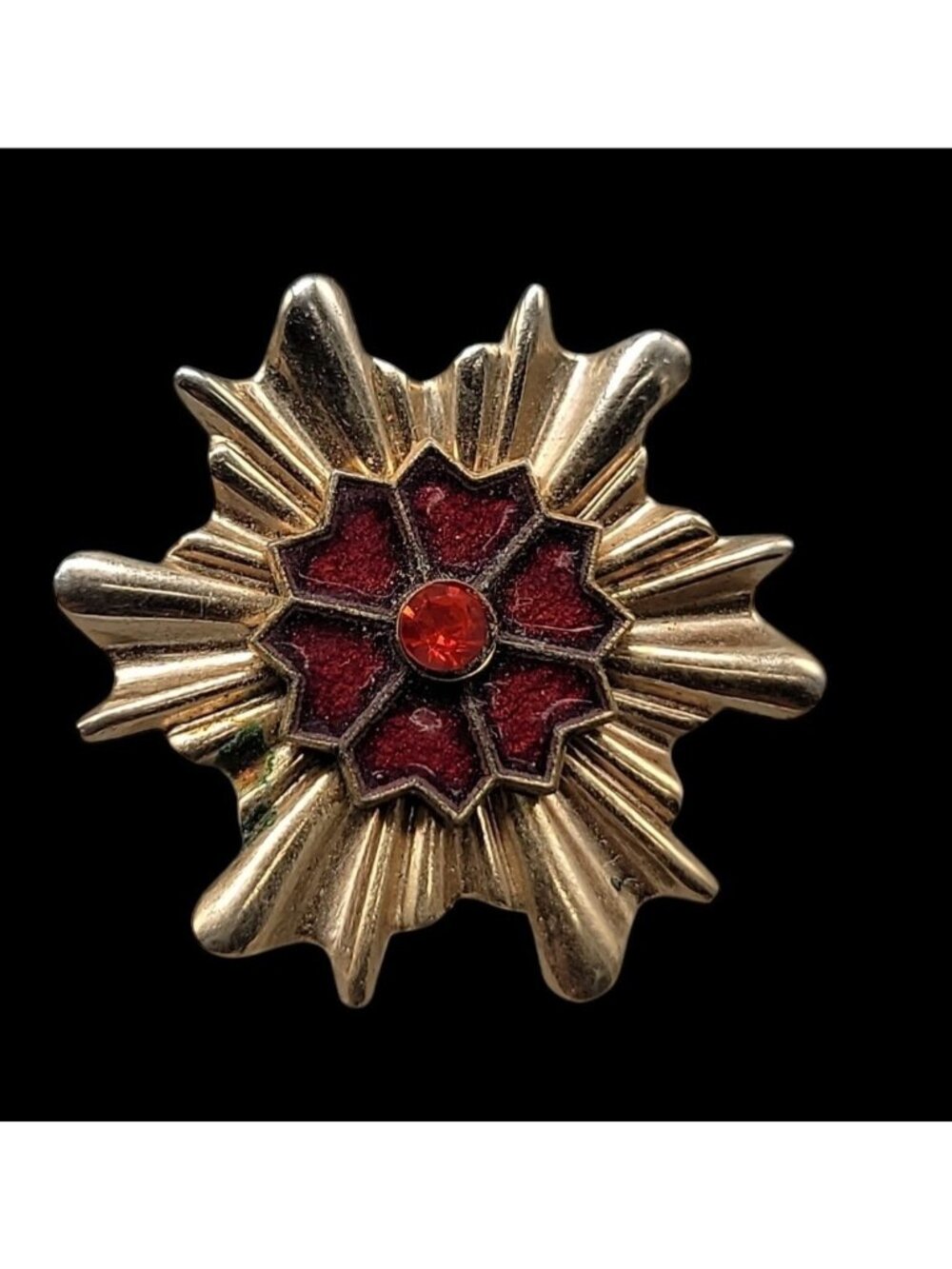 Vintage Maltese Cross Starburst Brooch Gold Tone Red Enamel Rhinestone Pin